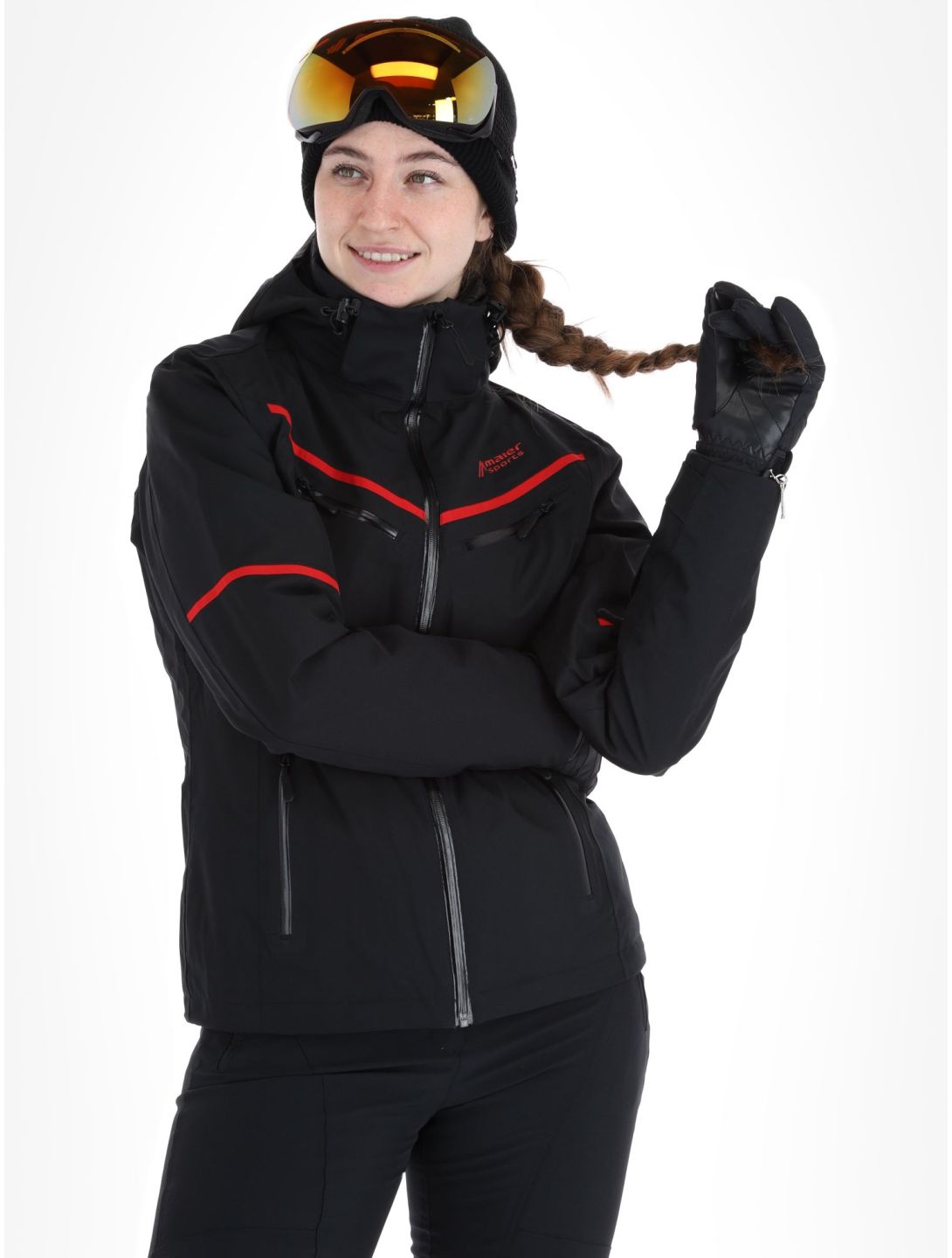 Maier Sports, Lunada Skijacke Damen Black / Salsa rot, schwarz 