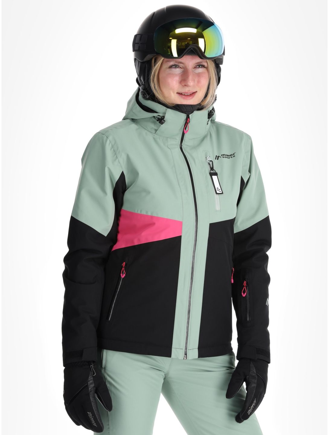 Maier Sports, Vidra Skijacke Damen Black / Luscious Moss / Pink Flambé grün, rosa, schwarz 