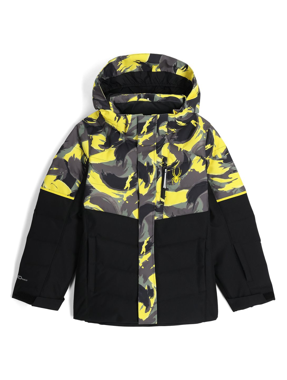 Spyder, Impulse Synthetic Down Skijacke Kinder Camouflage Acid Yellow gelb, schwarz 