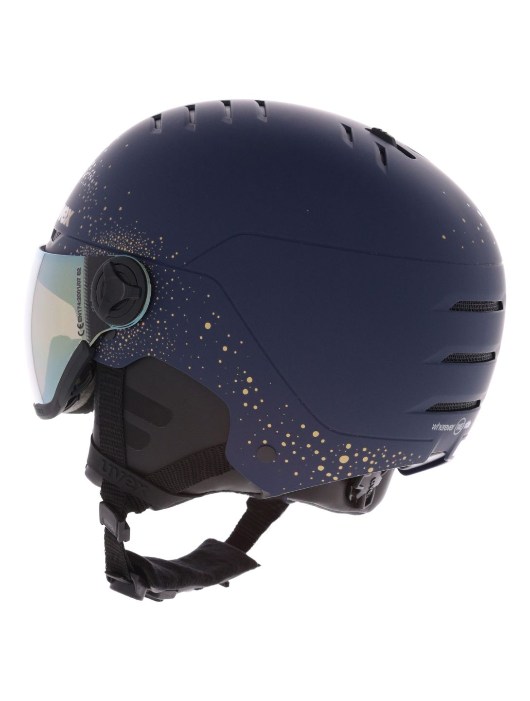 Uvex, Wanted Visor Women Edition Skihelm mit Visier Unisex Polar Sparkle / Mirror Gold blau 