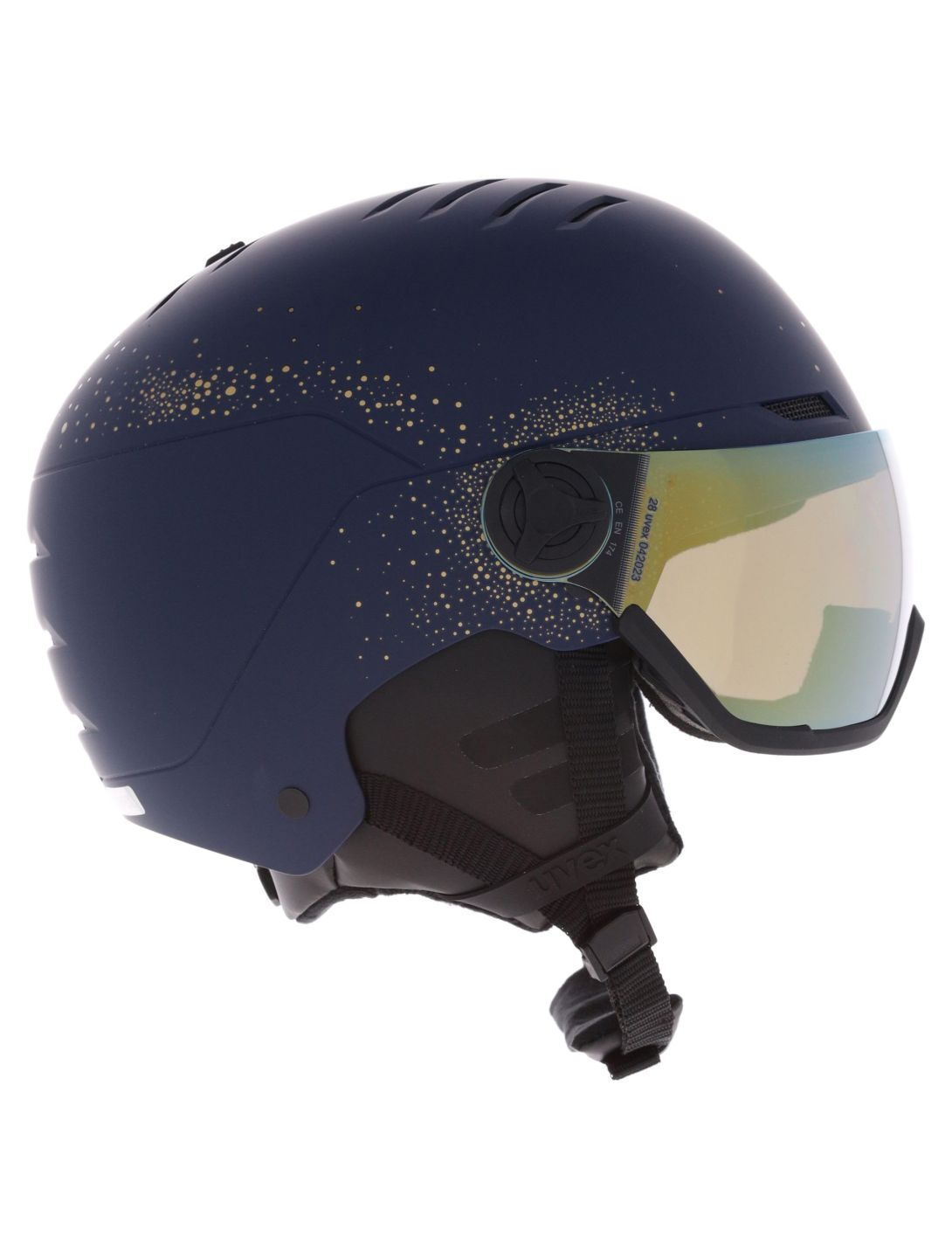 Uvex, Wanted Visor Women Edition Skihelm mit Visier Unisex Polar Sparkle / Mirror Gold blau 